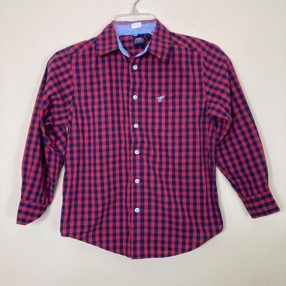 Wrangler Jeans Co Boys Medium 8 Red Navy Plaid Button-Down Shirt Classic Fit
